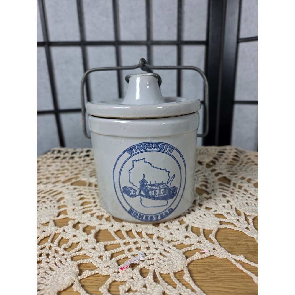 Vintage Wisconsin Homestead Stoneware Crock with Lid and Wire Bail Handle